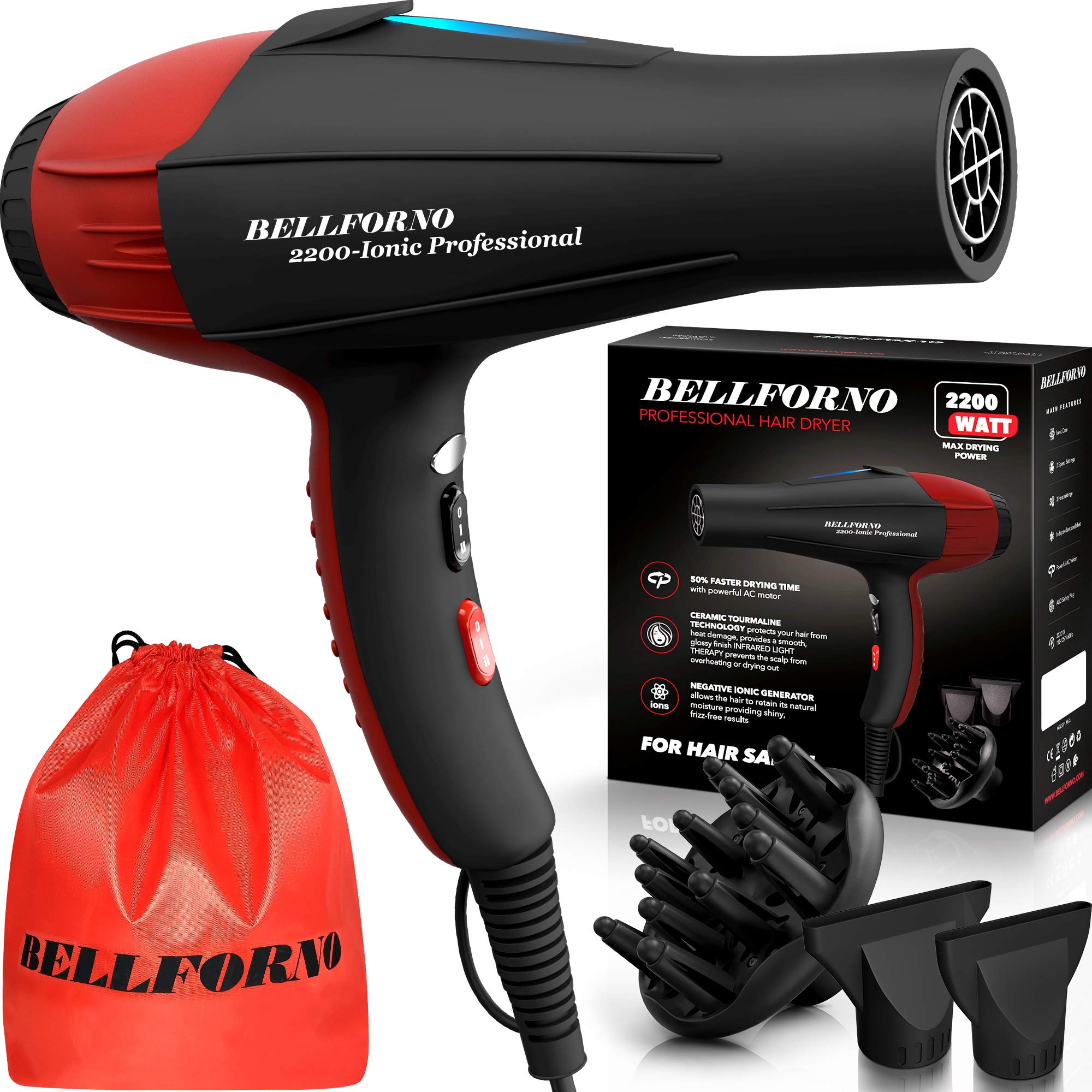 BELLFORNO professional ionic salon hair dryer with diffuser and concentrator nozzles